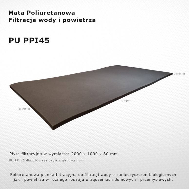Mata Filtracyjna PU PPI 45 2000 x 1000 x 80 mm filtr do urządzeń gospodarstwa domowego i maszyn przemysłowych.