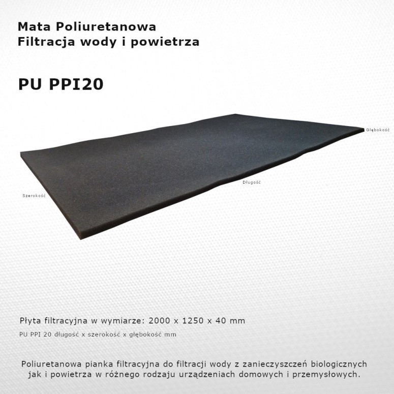 PU filter mat PPI 20 2000 x 1250 x 40 mm filter for household appliances and industrial machines.