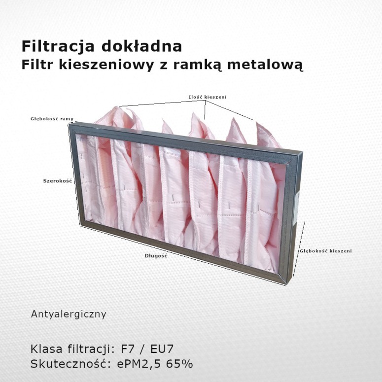 Bag filter F7 EU7 ePM2,5 65% 592 x x 6k / 25 mm with a metal