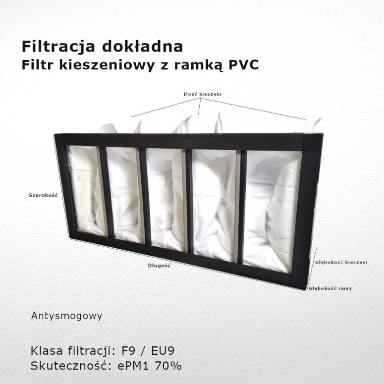 Bag filter F9 EU9 ePM1 70% 446 x 205 x 130 5k / 20 mm exact frame anti-smog PVC