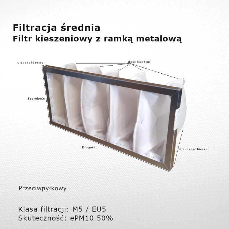 Filtr kieszeniowy M5 EU5 ePM10 50% 498 x 220 x 180 5k / 20 mm pośredni rama metalowa