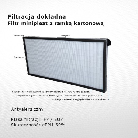 Fine filter F7 EU7 ePM1 60% 237 x 495 x 20 mm antiallergic frame cardboard gasket handle durability extended