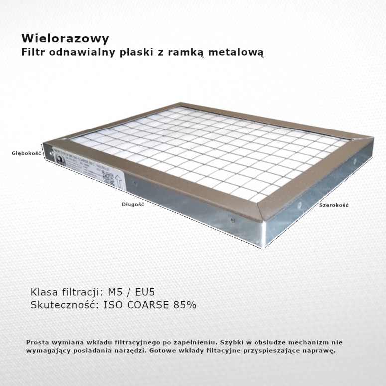 Reusable flat filter M5 EU5 Iso Coarse 85% 378 x 390 x 25 mm metal frame for self-regeneration and renewal