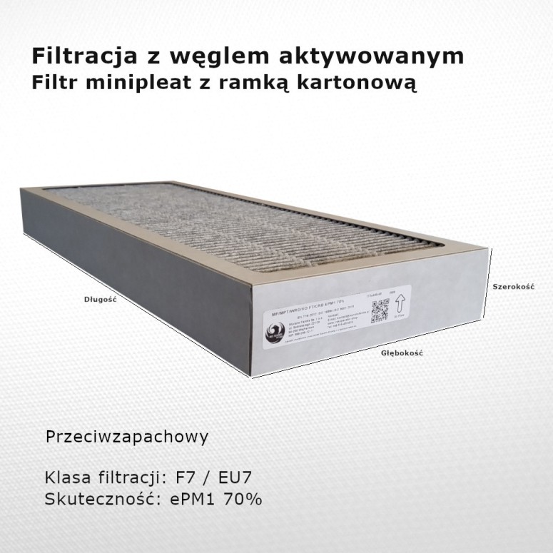 Fine filter F7 EU7 ePM1 70% 165 x 479 x 94 mm with active carbon frame cardboard